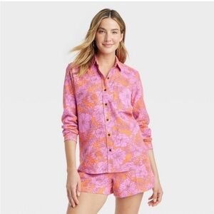 Universal Thread Pink and Orange Floral Button-Up Shirt and Shorts Set - XL